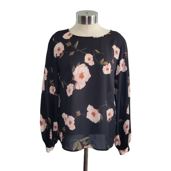 Worthington Black Floral Semi-Sheer Relaxed Fit Dressy Chiffon Blouse Size XS - Picture 1 of 8